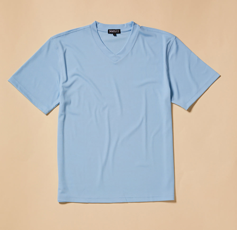 The Inserch Rib V Neck T-Shirt T300-00154 in Lake Blue, made from a soft polyester-spandex rib jersey knit, is laid flat on a beige background.