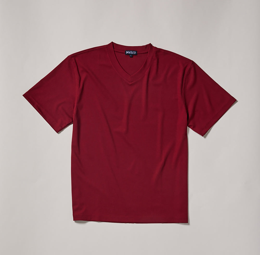 The Inserch Rib V Neck T-Shirt T300-00168 in Deep Cherry by Inserch is a short-sleeved, soft polyester-spandex blend tee with a plain V-neck design, shown laid flat on a light surface.