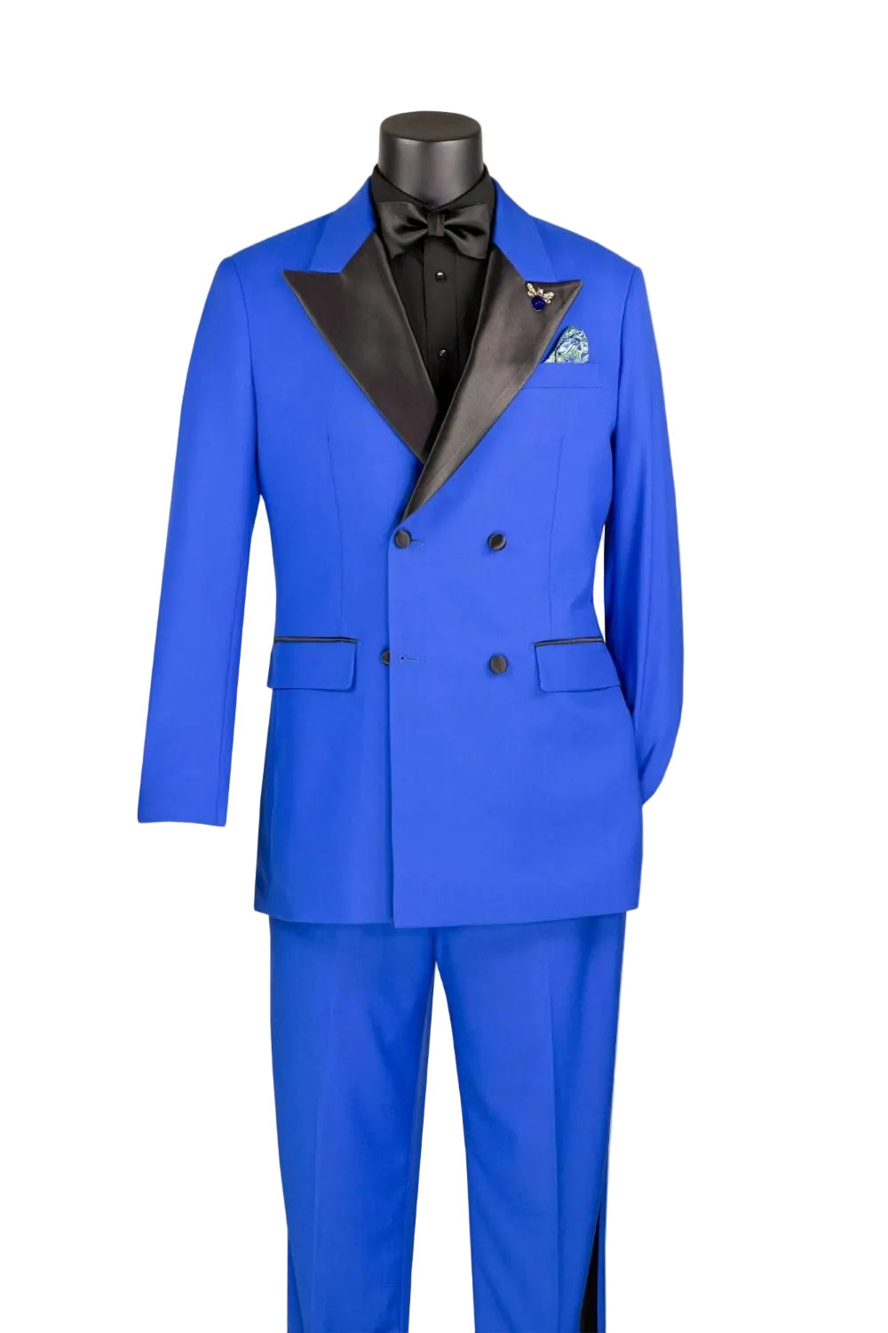 A mannequin displays the Vinci Suits Regular Fit Royal Blue 2 Piece Double Breasted Satin Lapel Tuxedo TDB-900 with a black shirt and bow tie.