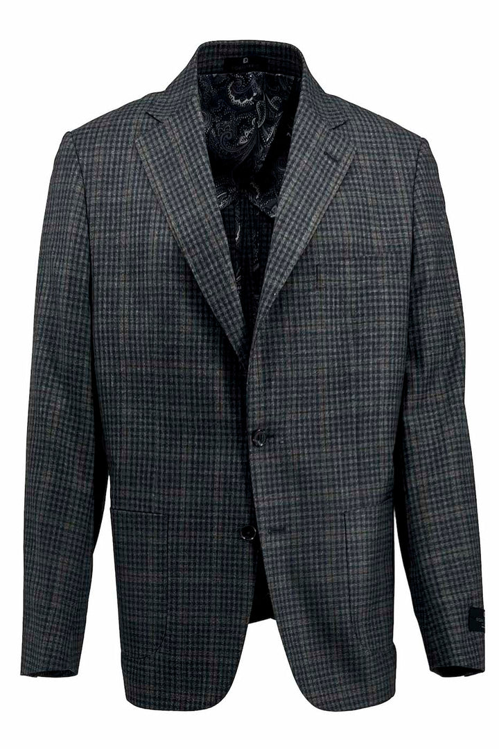 The Tiglio Luxe Veneto/THP Slim Fit, crafted from pure Italian wool, blends timeless elegance with modern style. This gray mini check jacket features a subtle taupe windowpane pattern, notch lapels, and a two-button closure, making it a luxury statement in men's clothing. Model: TL3328.