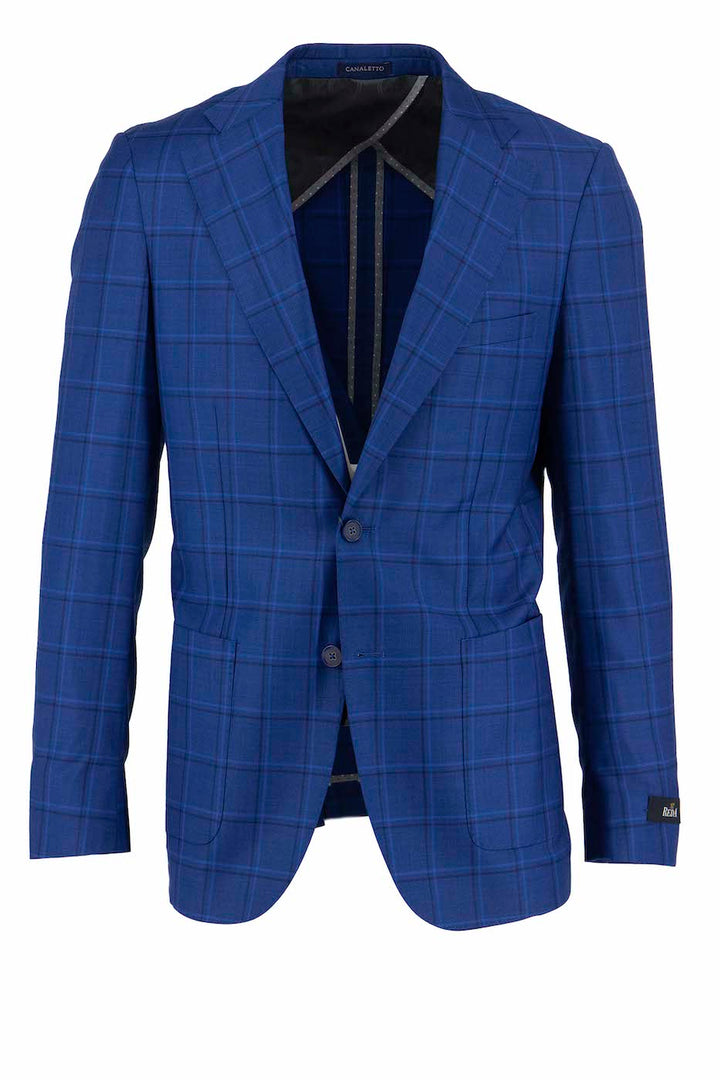 Tiglio Luxe's blue with black and blue windowpane Veneto/THP slim fit half-lined pure wool jacket, crafted from fine Italian fabrics, features two buttons and a notched lapel.
