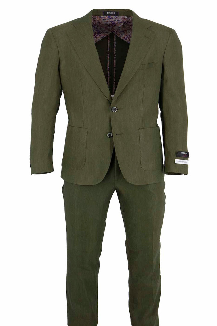 The Tiglio Luxe Olive Linen Stretch Slim Fit Half Lined Men’s Suit TL4010 features a single-breasted notch lapel blazer and matching trousers, shown partially open on a white background to reveal its paisley-patterned lining.