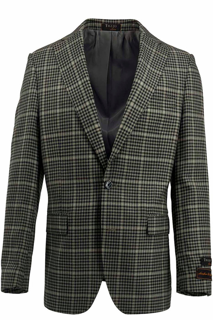 The Tiglio Luxe Pistachio with Black Check Dolcetto Modern Fit, Pure Wool Jacket TL2715 is crafted from Italian fabrics and features a single button closure and two front pockets, displayed on a white background.