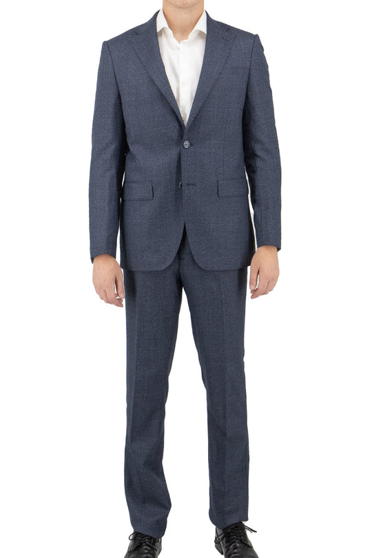 The Tiglio Luxe Slate Grey with Windowpane Dolcetto Modern Fit Pure Wool Suit TL3156 features a single-breasted jacket and matching trousers, crafted from fine Italian wool, displayed on a white background.