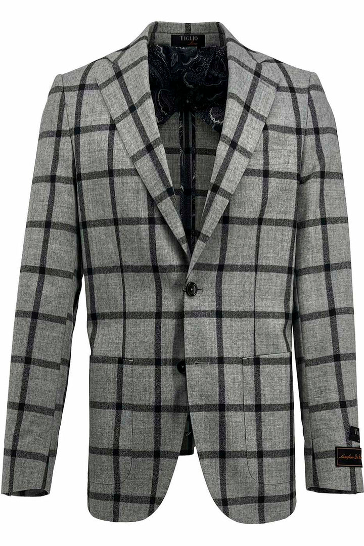 Tiglio Luxe Gray with Light Gray Windowpane Pistoia, Modern Fit Pure Wool Men’s Suit TL5278 main image 1