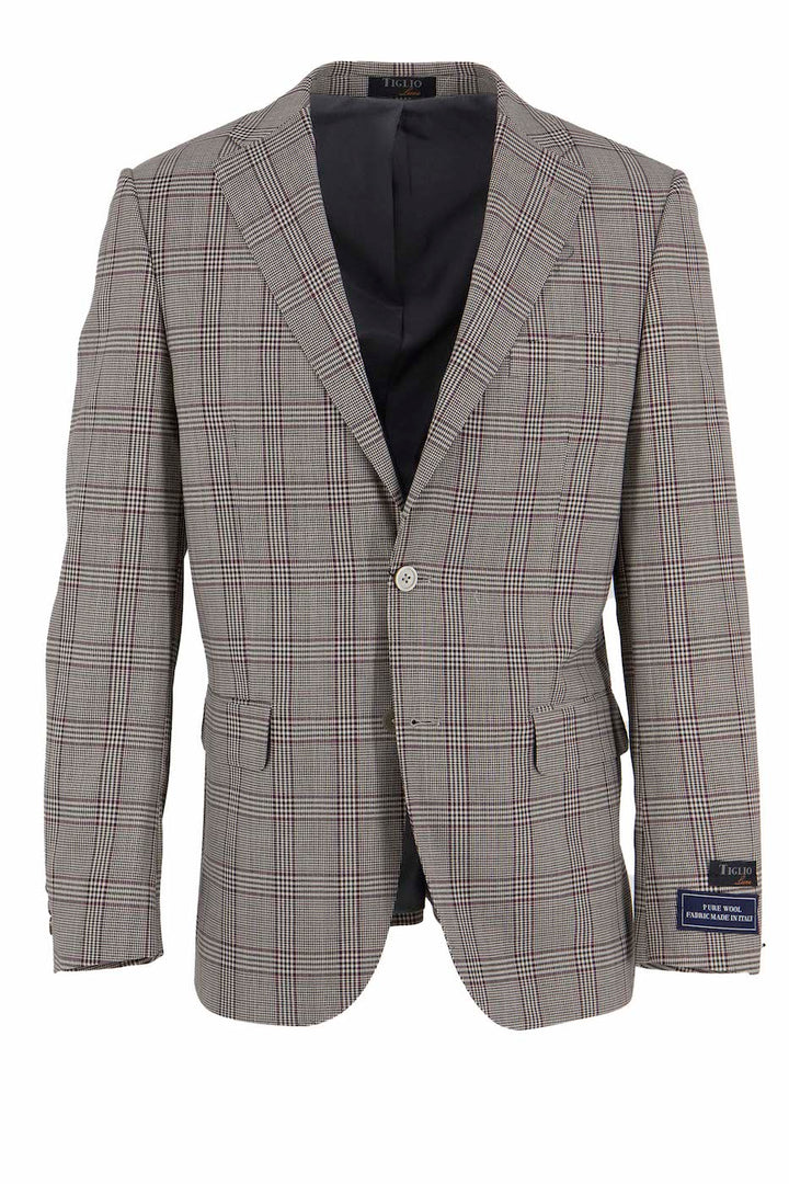 The Tiglio Luxe Taupe with Burgundy Windowpane Dolcetto Modern Fit Jacket TL3331 is a pure wool piece crafted from Italian fabrics, featuring two buttons, peak lapels, and two front pockets. This exquisite jacket exemplifies tailored men's clothing at its finest.