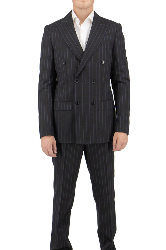 The Tiglio Luxe Black with Blue Pinstripe Santorini Slim Fit Pure Wool Men’s Suit TL4043 features notch lapels, matching trousers, and a purple lining, offering modern sophistication. Displayed on a white background.