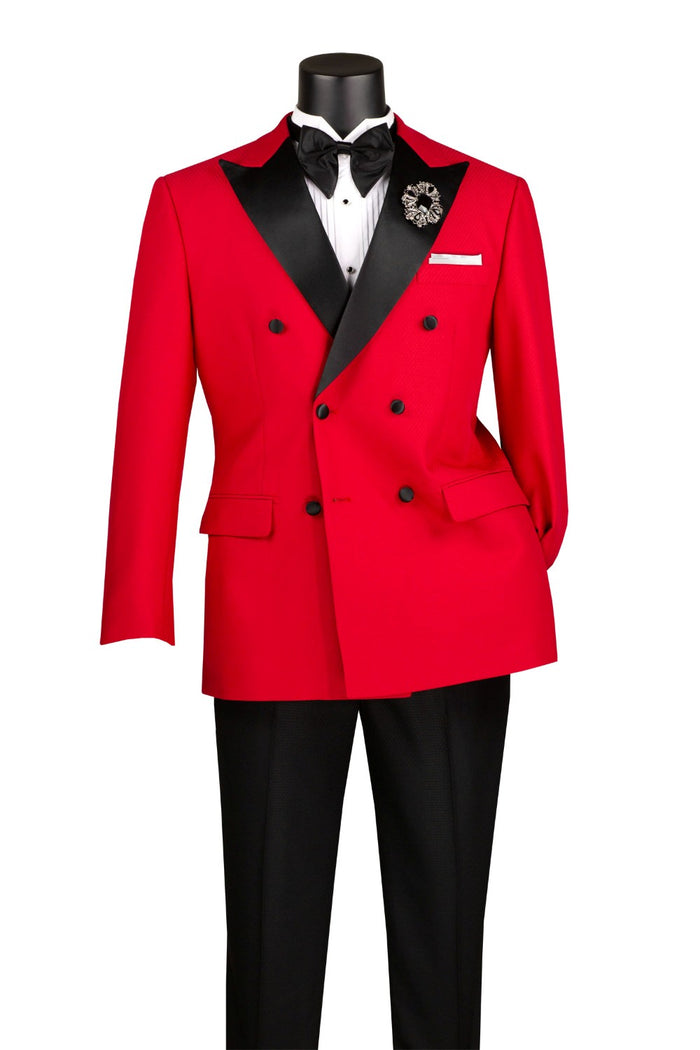 The mannequin wears the Vinci Suits Modern Fit 2 Piece Double Breasted Tuxedo Adjustable Waistband with Oversized Bow Tie Red TMDB-1 with a white shirt and brooch.