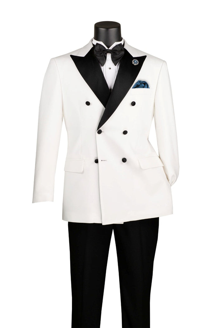 A mannequin dressed in the Modern Fit 2 Piece Double Breasted Tuxedo Adjustable Waistband with Oversized Bow Tie White TMDB-1 by Vinci Suits, styled with a white shirt and black pants.