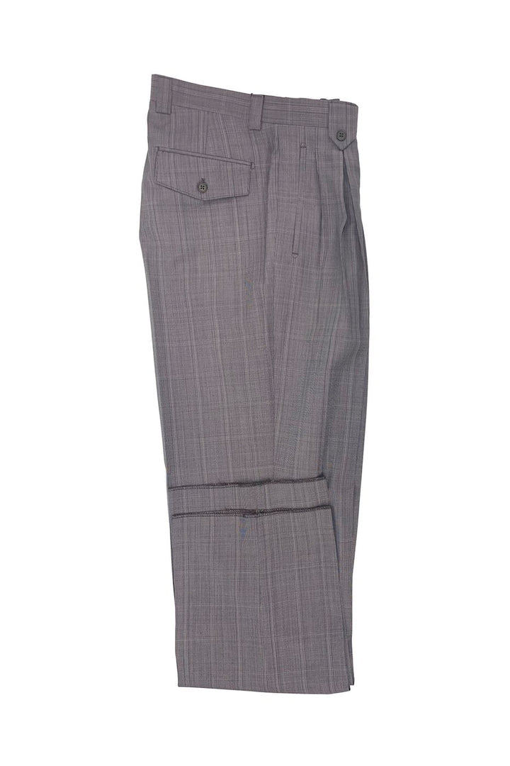 These mauve windowpane wool dress pants by Tiglio Luxe come with a wide leg design and feature a flap back pocket with a button, crafted from extra fine wool.