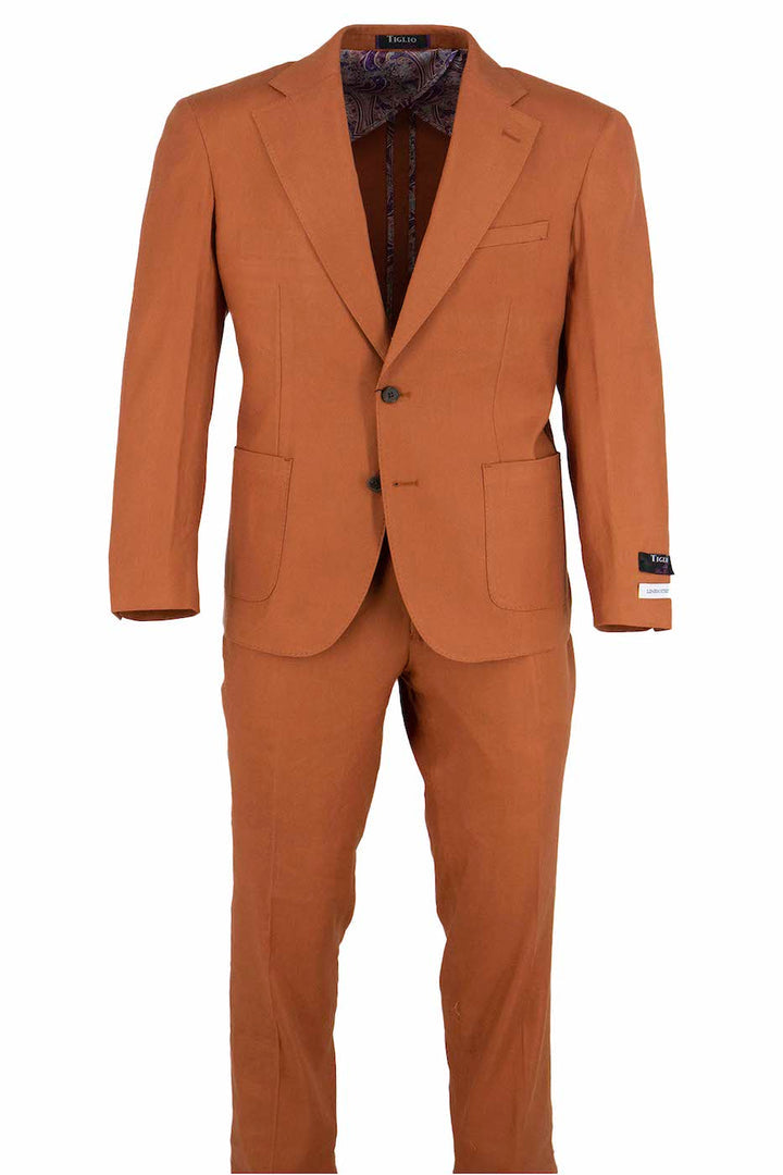 The Tiglio Luxe Burnt Orange Linen Stretch Slim Fit Half Lined Men’s Suit TL4011 features notch lapels, a single breasted two-button closure, front pockets, and a partially exposed paisley lining.