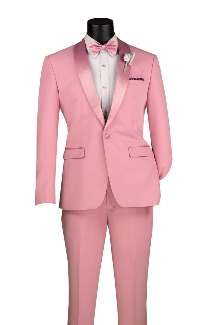 A mannequin wears the Slim Fit 2 Piece Stretch Fabric Suit Dusty Rose TSS-2 by Vinci Suits with a matching bow tie, white dress shirt, and boutonniere against a white background.