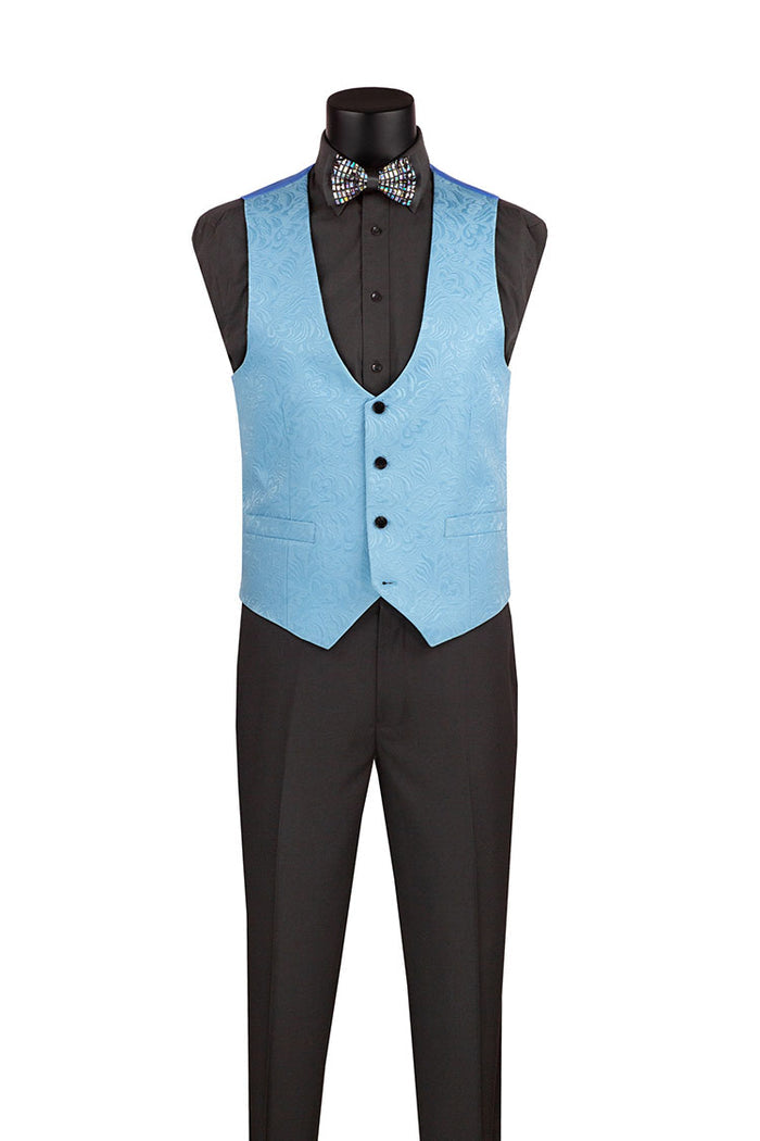 The Vinci Suits Slim Fit 3 Piece Single Button Jacquard Fabric Tuxedo in Light Blue (TVSJ-1) features a blue jacquard jacket with black lapels, a matching vest, a black dress shirt, and bow tie on display. This tuxedo offers a stylish and wrinkle-resistant look.