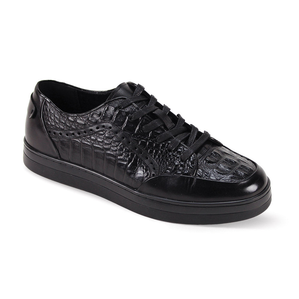 The Giovanni Timo Black Leather Sneakers by GIOVANNI feature a textured, crocodile-like pattern, sleek black laces, a subtle cap toe design, and a flat sole.