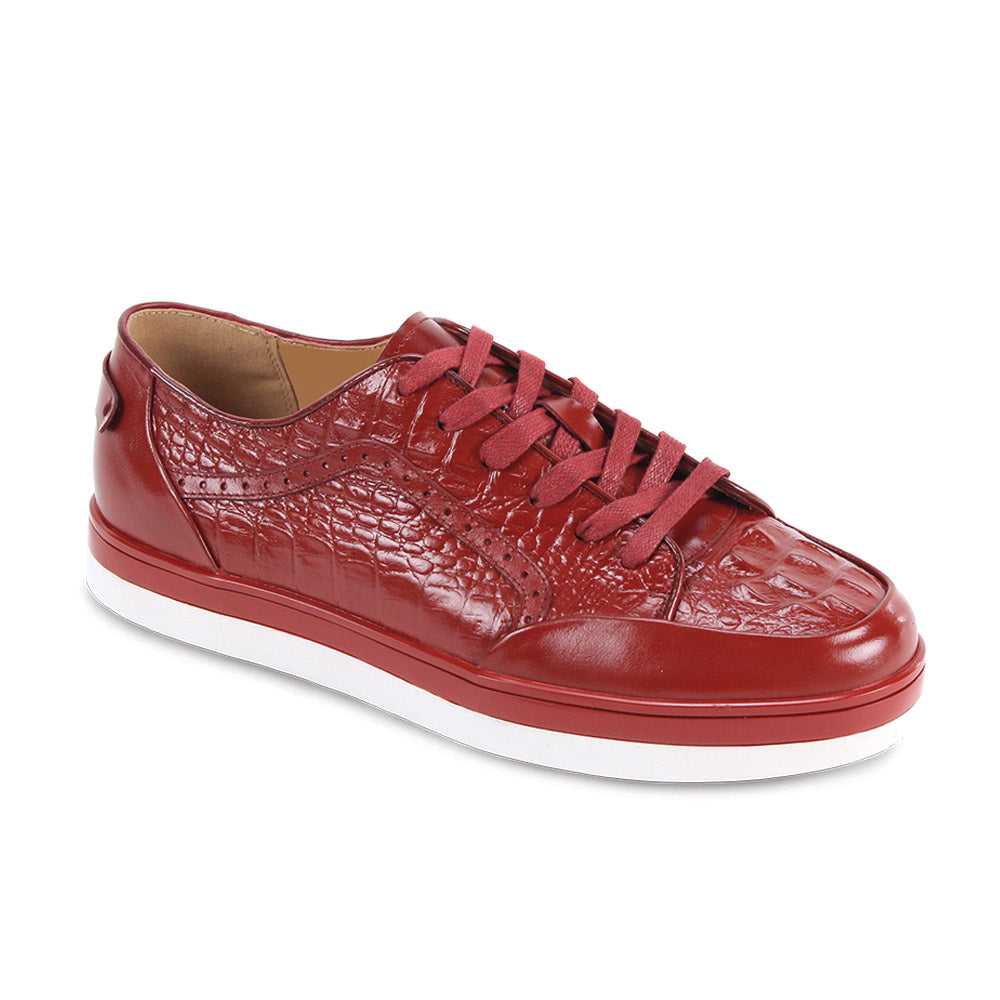 The Giovanni Timo Red Leather Sneakers by GIOVANNI feature a Croco Print textured smooth leather upper, red laces, and a white sole.