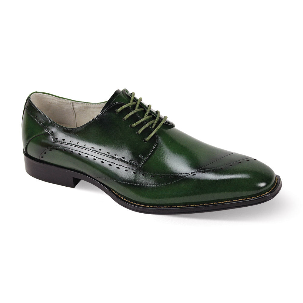 The Giovanni Triston Green Leather Shoes by GIOVANNI feature an asymmetrical design with delicate perforated patterns, lace details, and a slight heel.