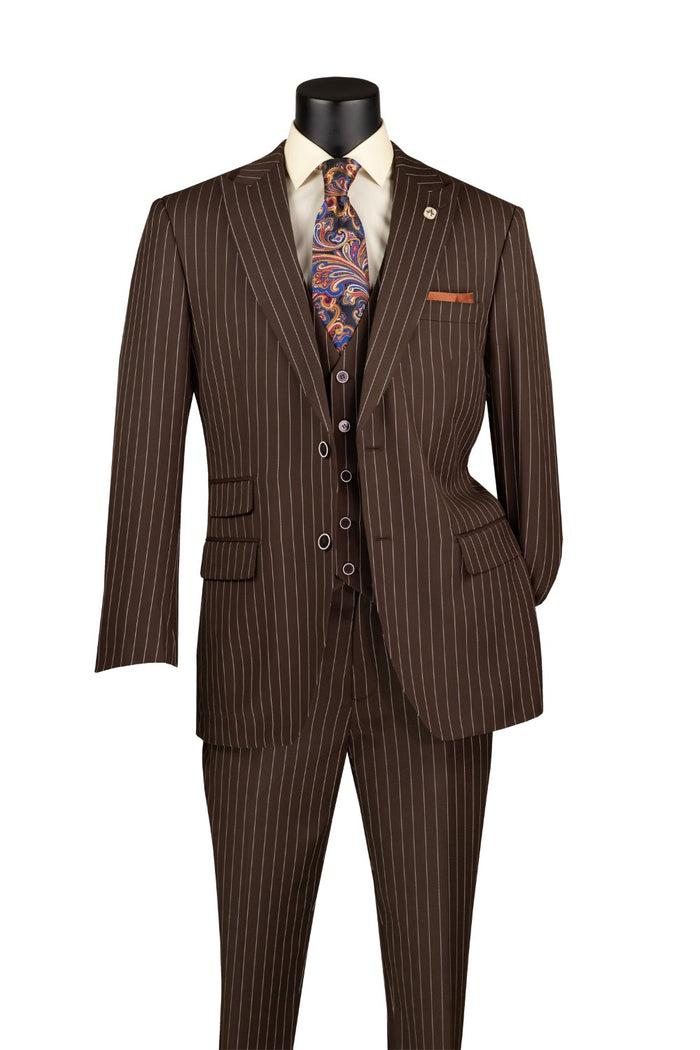 The Vinci Suits Regular Fit 3 Piece Suit 2 Button Gangster Stripe Brown V2RS-9 is elegantly showcased on a mannequin, featuring a peak lapel and complemented by flat front pants, patterned tie, and pocket square.