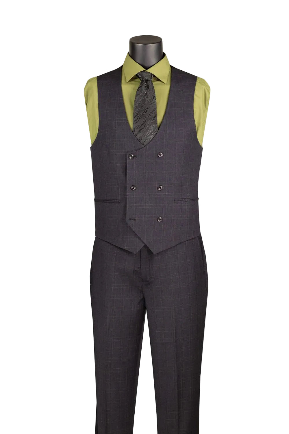 Mannequin dressed in Vinci Suits Regular Fit Black Glen Plaid 3 Piece Suit V2RW-16 with a green shirt, patterned gray tie, pocket square, and gold chain.