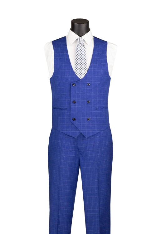 Mannequin wears the Vinci Suits Regular Fit Classic Blue Glen Plaid 3 Piece Suit V2RW-16 with a white shirt, patterned tie, pocket square, and chain for a classic look.