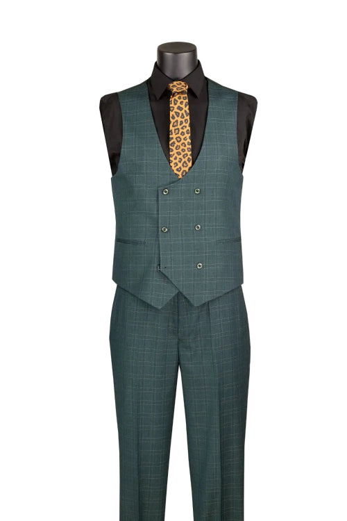 Mannequin wearing Vinci Suits Regular Fit Forest Green Glen Plaid 3 Piece Suit V2RW-16 with black shirt, leopard print tie, and matching pocket square on a white background.