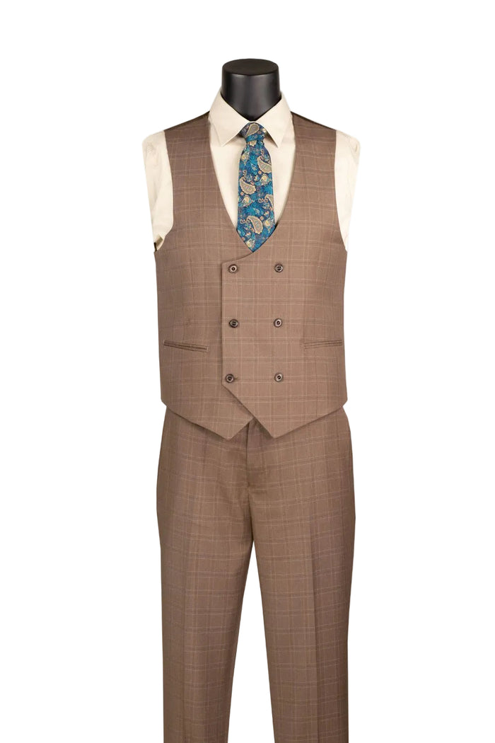 The Vinci Suits Regular Fit Toast Glen Plaid 3 Piece Suit V2RW-16 is displayed with a blue paisley tie, cream shirt, blue pocket square, and a gold chain accessory.