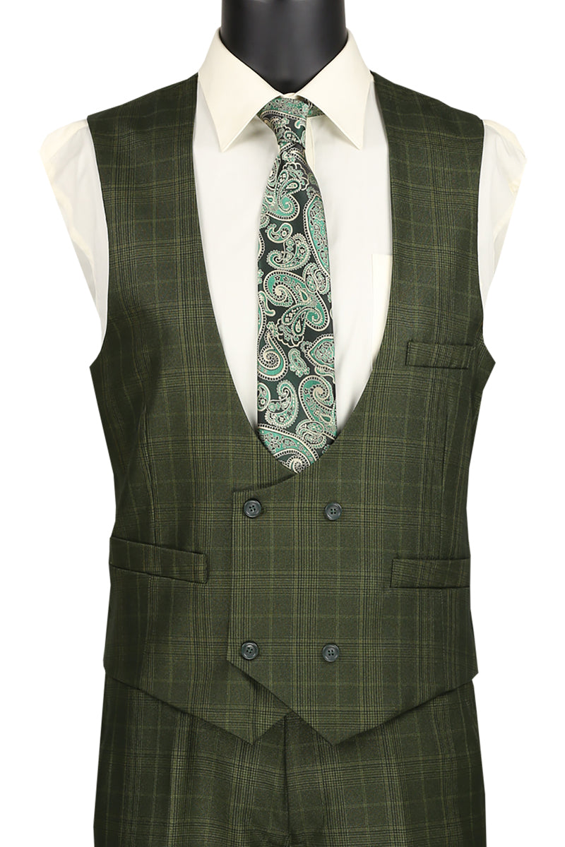 The mannequin is dressed in a sophisticated olive Vinci Suits Regular Fit 3 Piece Suit (V2RW-7), featuring a matching paisley tie and pocket square, and an elegant double-breasted vest.