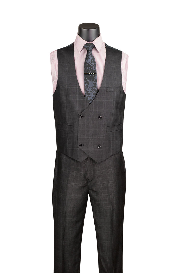 A mannequin showcases the Vinci Suits Regular Fit 3 Piece Suit (Black) V2RW-7, featuring a dark checkered design with a wrinkle-resistant, double-breasted vest. The ensemble is completed with a pink shirt, patterned tie, and pocket square for an impeccable finish.