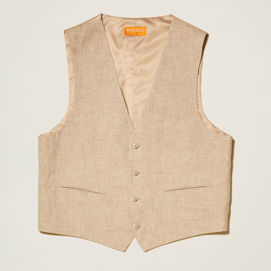 The Inserch Classic Linen Vest V66010 in oatmeal by Inserch features four buttons, two front pockets, and a light tan inner lining, shown flat on a white background.