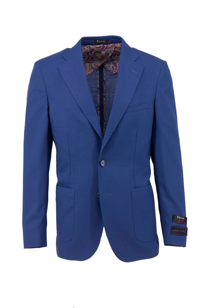 The Tiglio Luxe Royal Blue Veneto/THP Slim Fit jacket (TL101796) is a half-lined, pure wool blazer with two buttons, a chest pocket, and two front pockets, set against a white background.