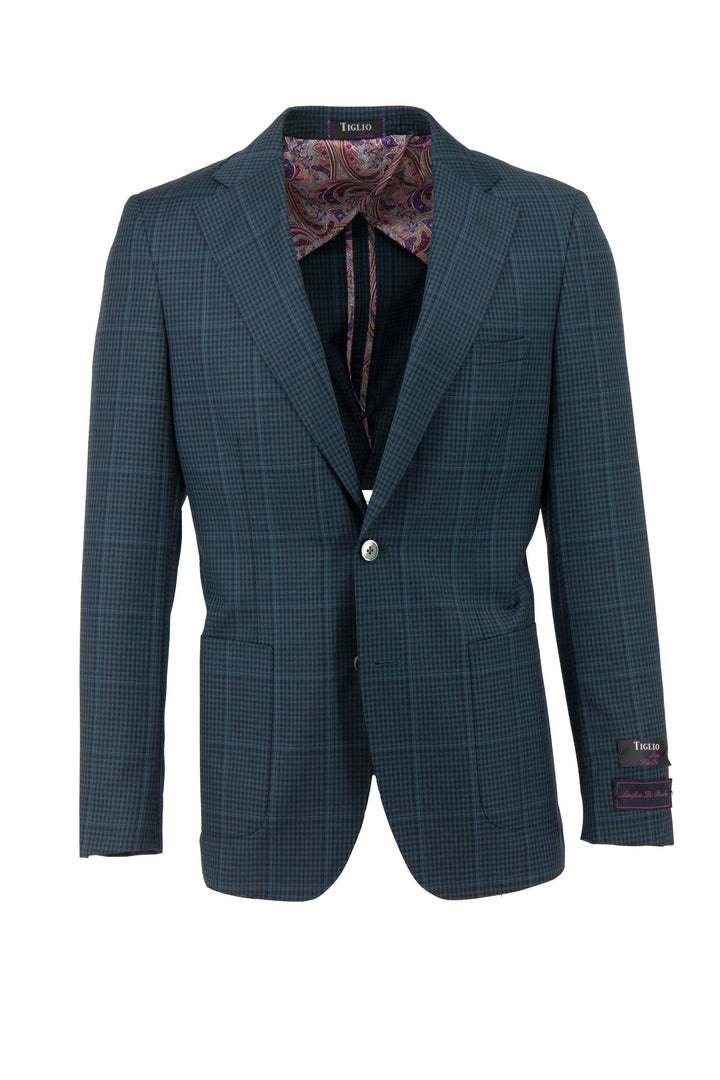 The Tiglio Luxe Veneto/THP Slim Fit Jacket TL3310, a dark plaid blazer of pure wool with two buttons and paisley linings, is displayed on a tilted hanger against a white background, embodying timeless sartorial elegance.