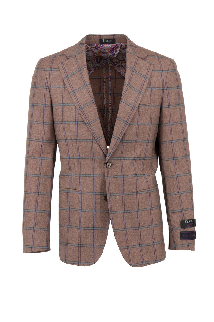 The Tiglio Luxe Blush Pure Wool Jacket TL3332, featuring a light blue windowpane Veneto pattern in a slim fit and half lined design, exemplifies luxury men's clothing and timeless sartorial traditions.