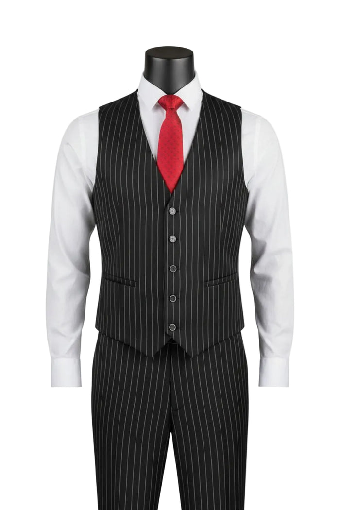 Regular Fit Black Bold Stripes 3 Piece Suit With Adjustable Waistband Pants F-V2RS9 by Vinci Suits, shown with a white shirt and red tie on a mannequin.