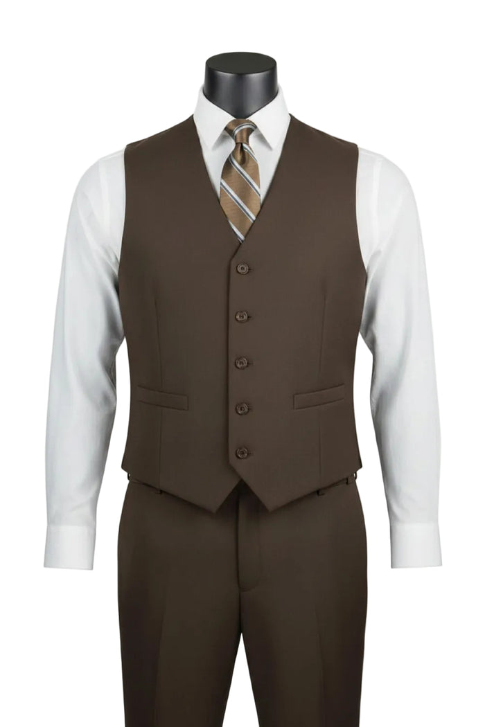The Vinci Suits Regular Fit Brown 3 Piece Suit 2 Button with Adjustable Waistband Pants F-V2TR is showcased on a mannequin with a white shirt and brown striped tie.