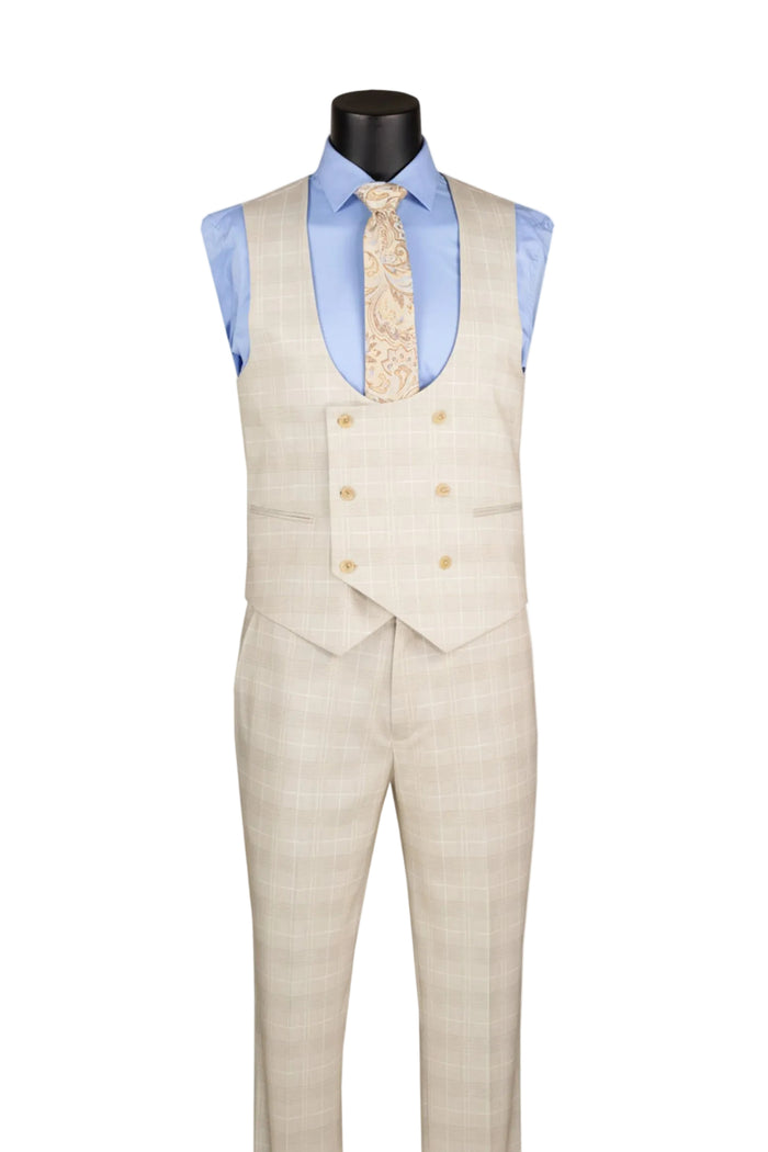Slim Fit Birch 3 Piece 1 Button Windowpane Suit SV1W-1 by Vinci Suits features a cream plaid design with gold buttons, blue shirt, patterned tie, vest, and pocket square on mannequin.