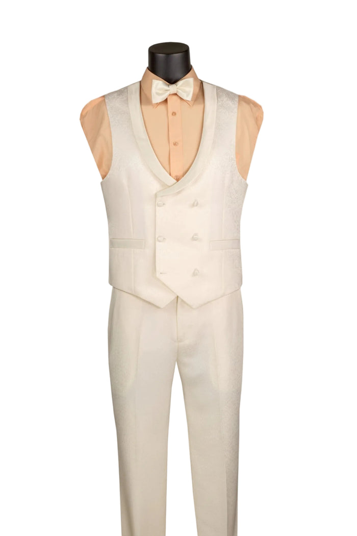 The Slim Fit Pearl 3 Piece Jacquard Pattern Peak Lapel Tuxedo TVMF-2 by Vinci Suits is shown with a white bow tie, peach shirt, vest, and gold pocket watch chain on a mannequin.