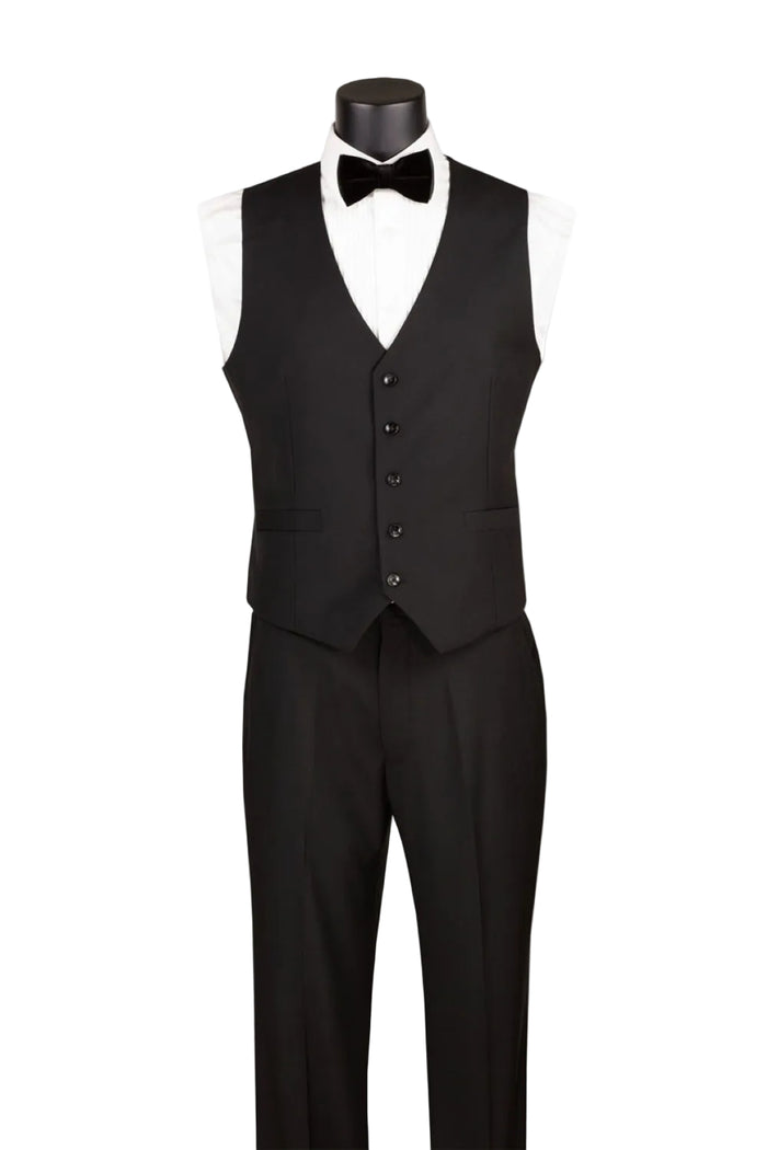 The mannequin wears the Modern Fit Black Houndstooth 3 Piece Tuxedo TVMHT-4 by Vinci Suits, ideal for formal events.