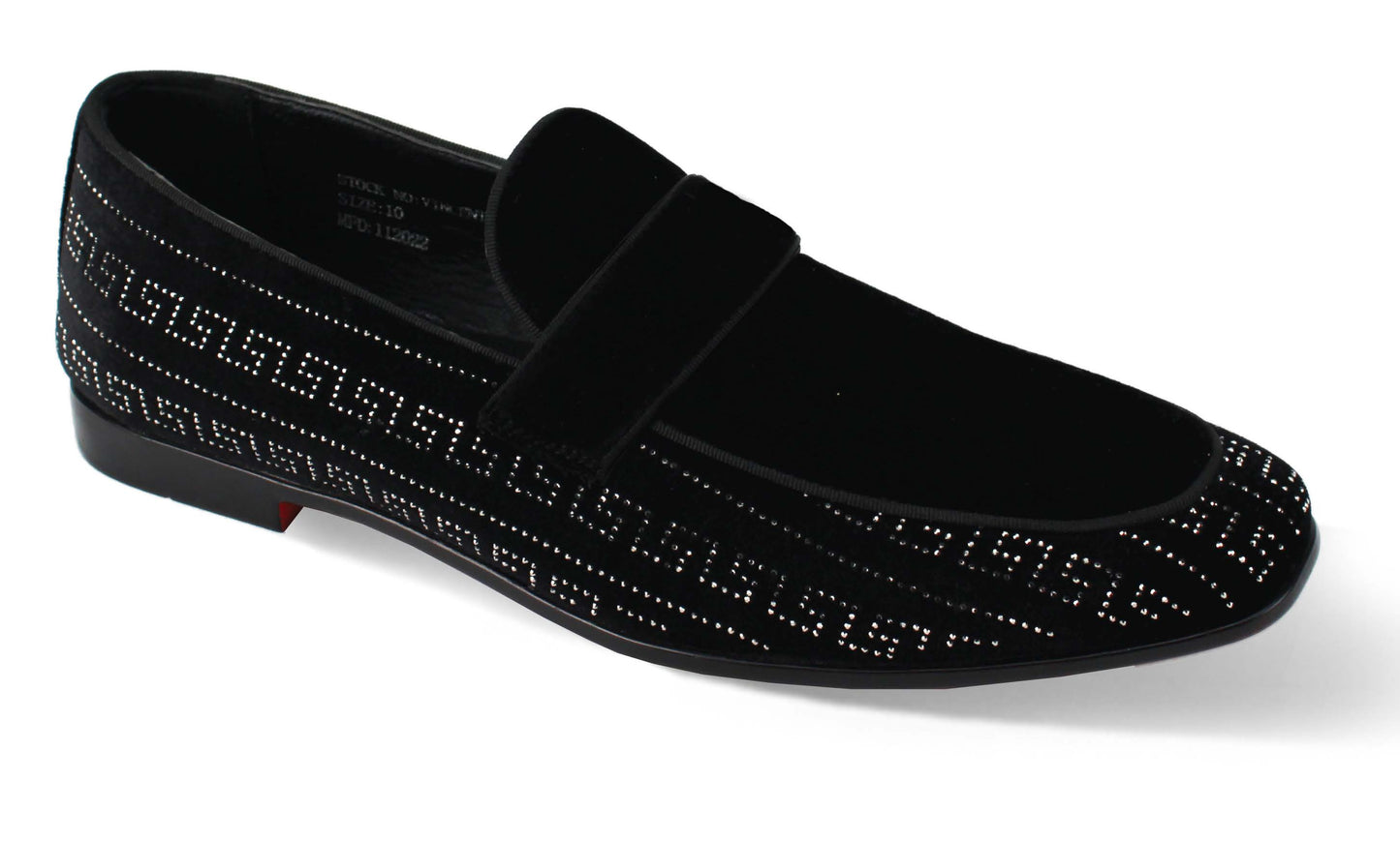 The AFTER MIDNIGHT After Midnight Vincent Black/Silver Dress Shoes feature a luxurious velour upper, low heel, rounded toe, and a striking geometric pattern of small silver studs.