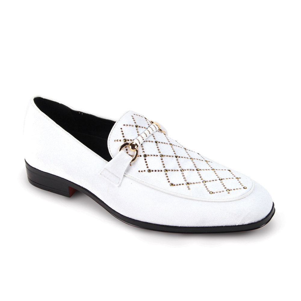 The AFTER MIDNIGHT After Midnight Val White/Gold Dress Shoes feature a white suede loafer design, low black heel, gold hardware, and a velvet upper adorned with a diamond pattern of small gold studs.