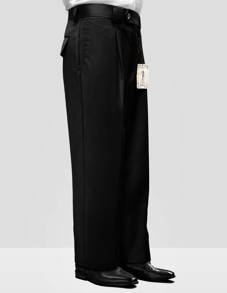 A person wearing the Statement Clothing's Solid Color Wide Leg Pants WP-100-Black, featuring a regular fit and oversized design crafted from fine Italian wool fabric, paired with sleek black shoes, standing against a plain background.