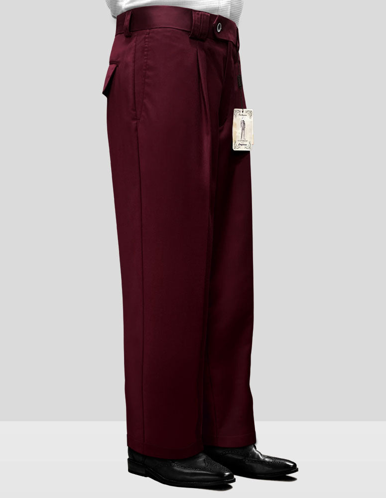 A person is wearing the STATEMENT CLOTHING | SOLID COLOR WIDE LEG PANTS WP-100-BURGUNDY by Statement Clothing, made from Italian wool, paired with black shoes. They are standing against a light gray background, and a tag featuring an illustration is attached to the pants.