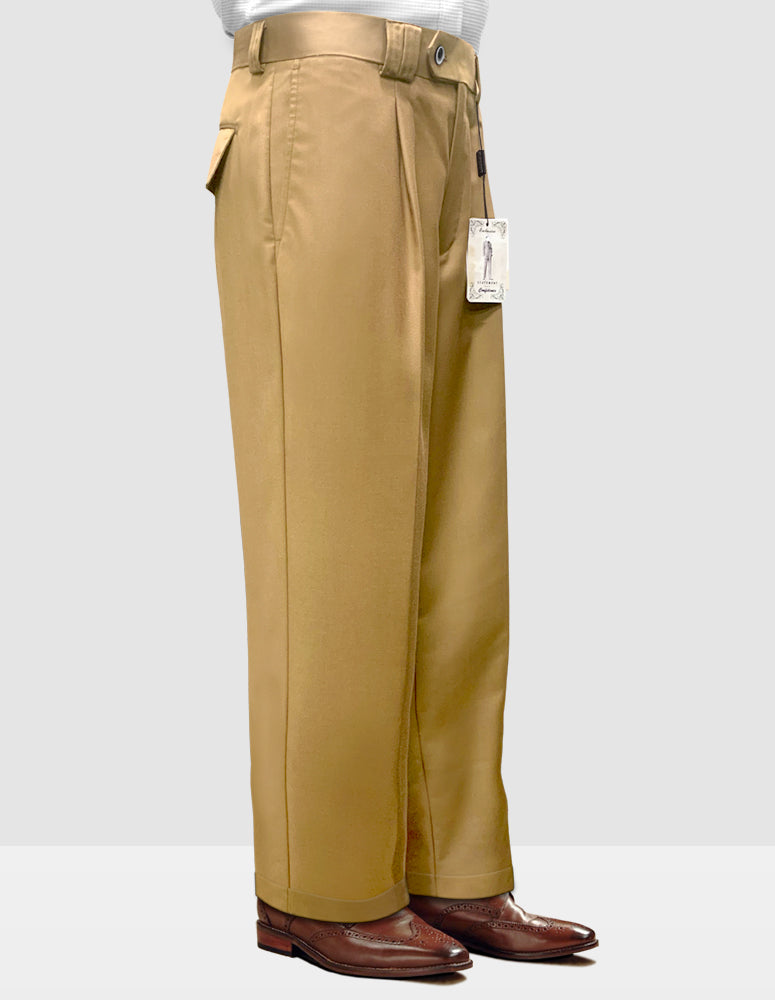 A person is wearing the Statement Clothing Solid Color Wide Leg Pants in camel, crafted from exquisite Italian wool and complete with a tag attached, elegantly paired with brown dress shoes.