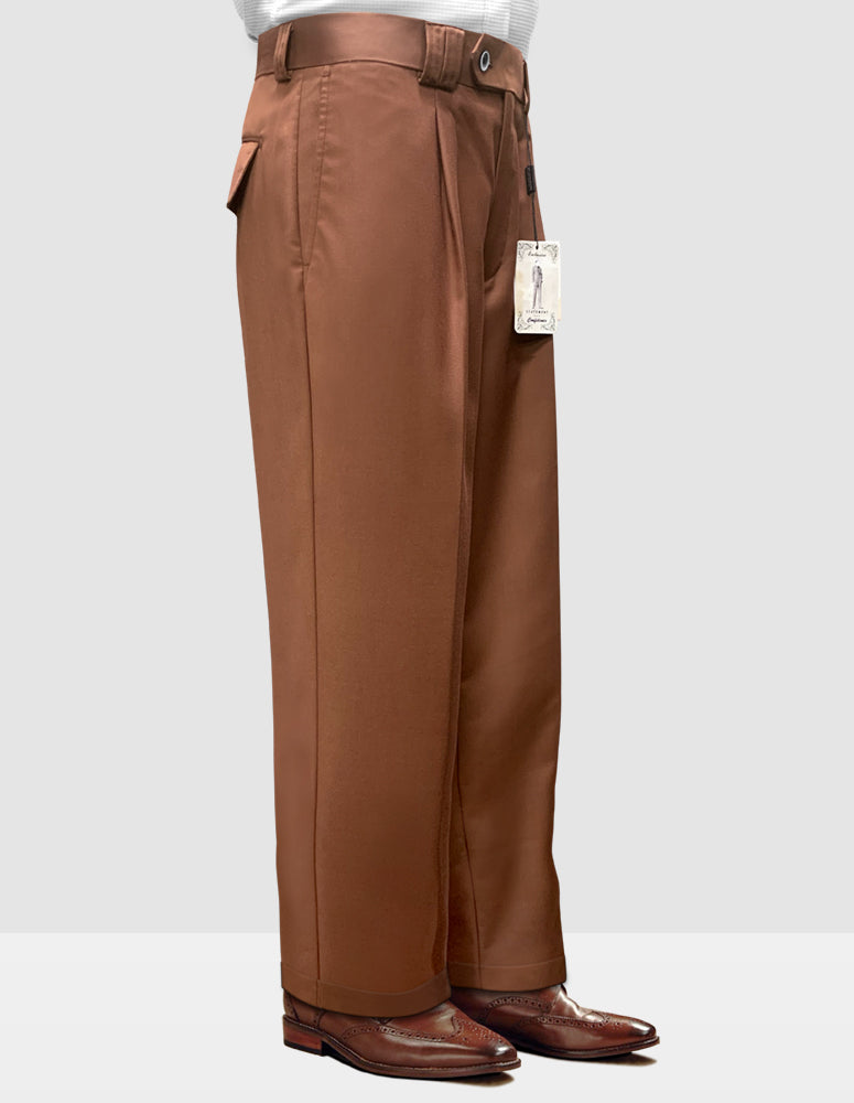A person wearing the Statement Clothing's SOLID COLOR WIDE LEG PANTS WP-100-COPPER, crafted from luxurious Italian wool, paired with elegant brown shoes, stands against a plain background.