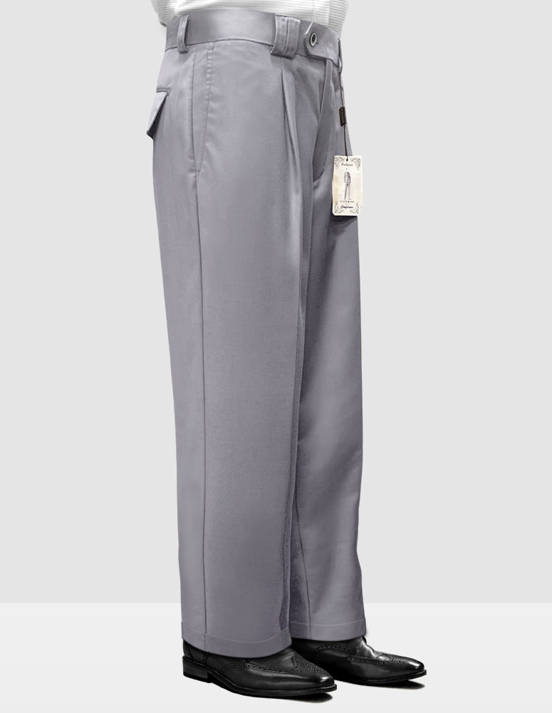 Displayed on a mannequin torso, the STATEMENT CLOTHING | SOLID COLOR WIDE LEG PANTS WP-100-GREY by Statement Clothing are a pair of gray, regular fit trousers crafted from fine Italian wool with tags still attached. These pants are complemented with black shoes against a plain background.