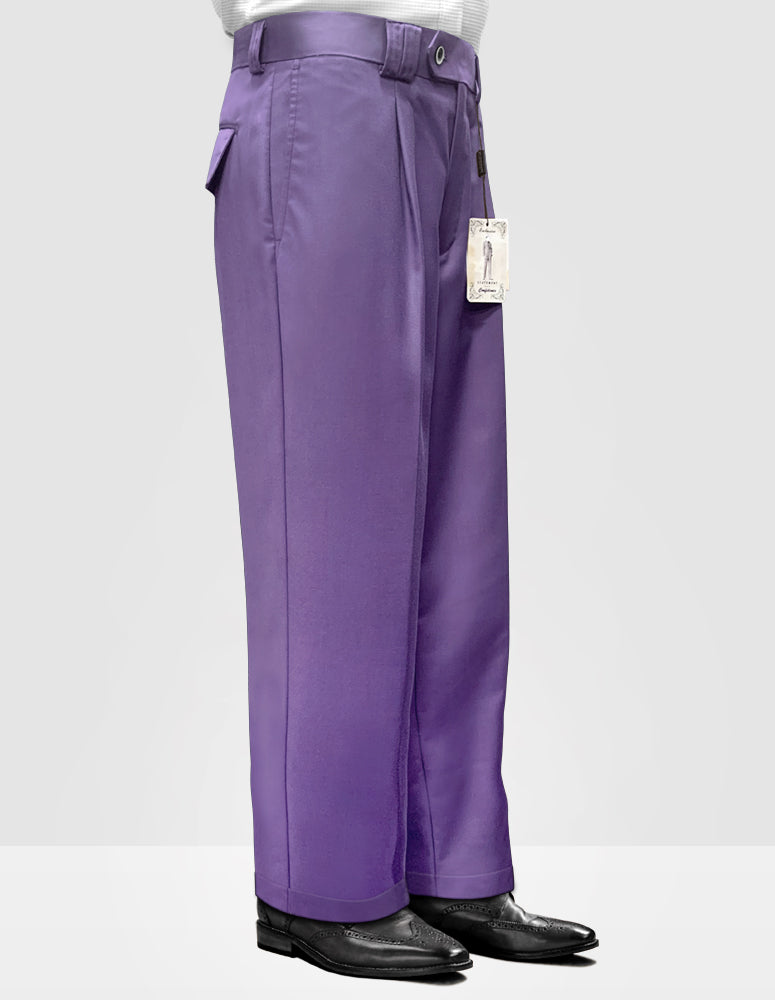 A person wears the elegant SOLID COLOR WIDE LEG PANTS WP-100-LAVENDER by Statement Clothing, made from luxurious Italian wool, with a visible tag peeking out, stylishly pairing them with sleek black shoes.