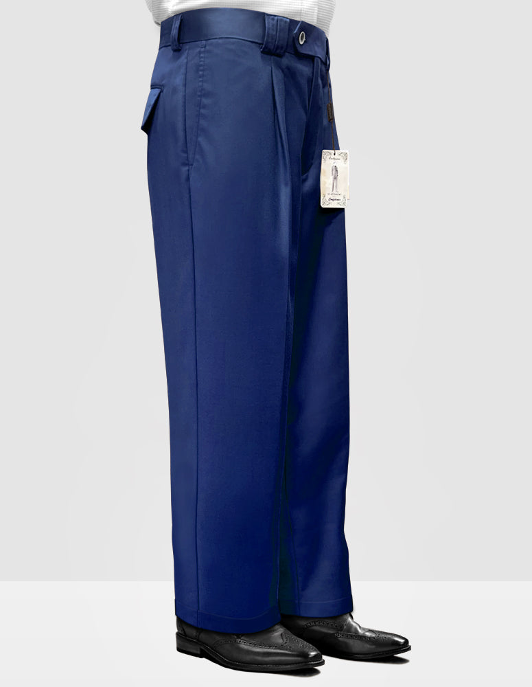 A side view of a person wearing Statement Clothing's Solid Color Wide Leg Pants WP-100-Sapphire, with a tag attached, paired with black shoes.