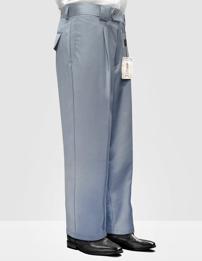 A person wearing steel blue, wide-leg pants crafted from Italian wool by Statement Clothing, with a visible tag on the side. The stylish trousers are paired with classic black dress shoes.