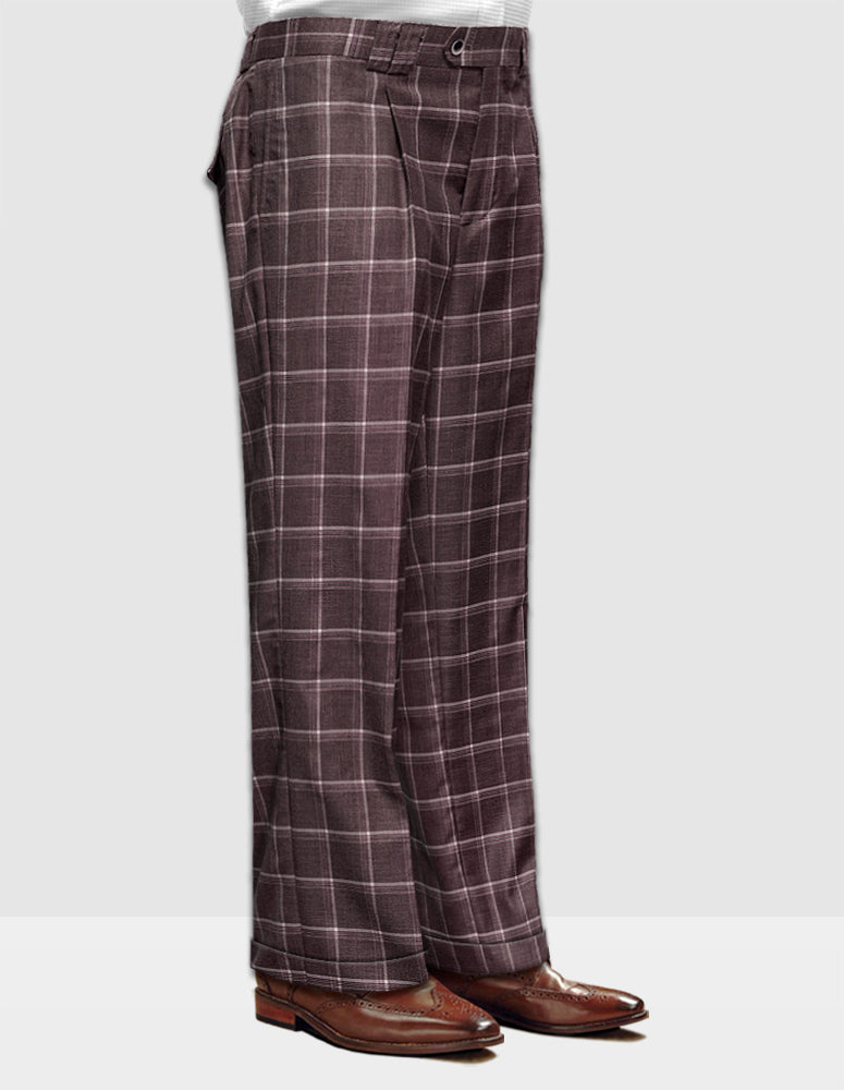 A person is shown from the waist down wearing Wide Leg Plaid Pants WP-101-Brown by Statement Clothing, crafted from Italian wool, along with brown shoes.