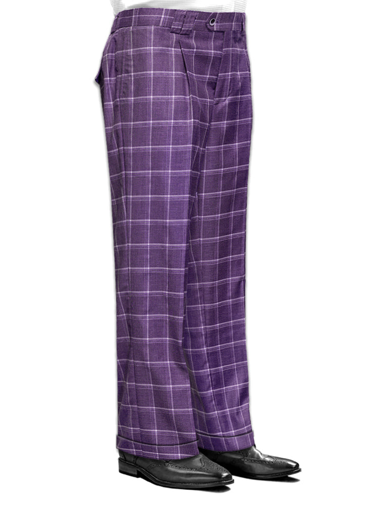 The mannequin showcases the wide-leg plaid pants by Statement Clothing, known as WP-101-Mauve, crafted from luxurious Italian wool and paired elegantly with sleek black shoes.