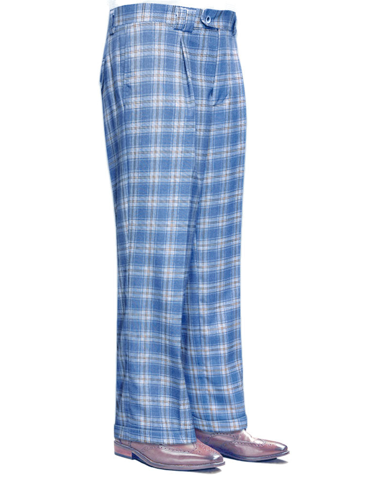 The STATEMENT CLOTHING | WIDE LEG PLAID PANTS WP-102-BLUE from Statement Clothing paired with brown pointed shoes make a sharp statement. The wide leg design ensures comfort and style, perfect for any occasion.