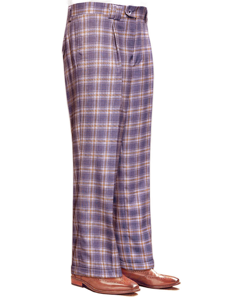 STATEMENT CLOTHING's wide-leg plaid pants WP-102-LAVENDER in purple, paired with brown leather shoes, viewed from the side.